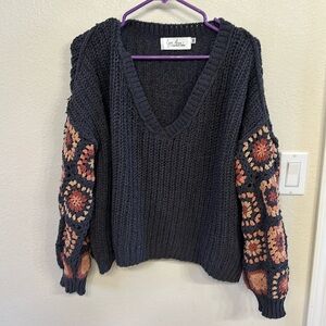 Navy Knitted Sweater With Floral Sleeves